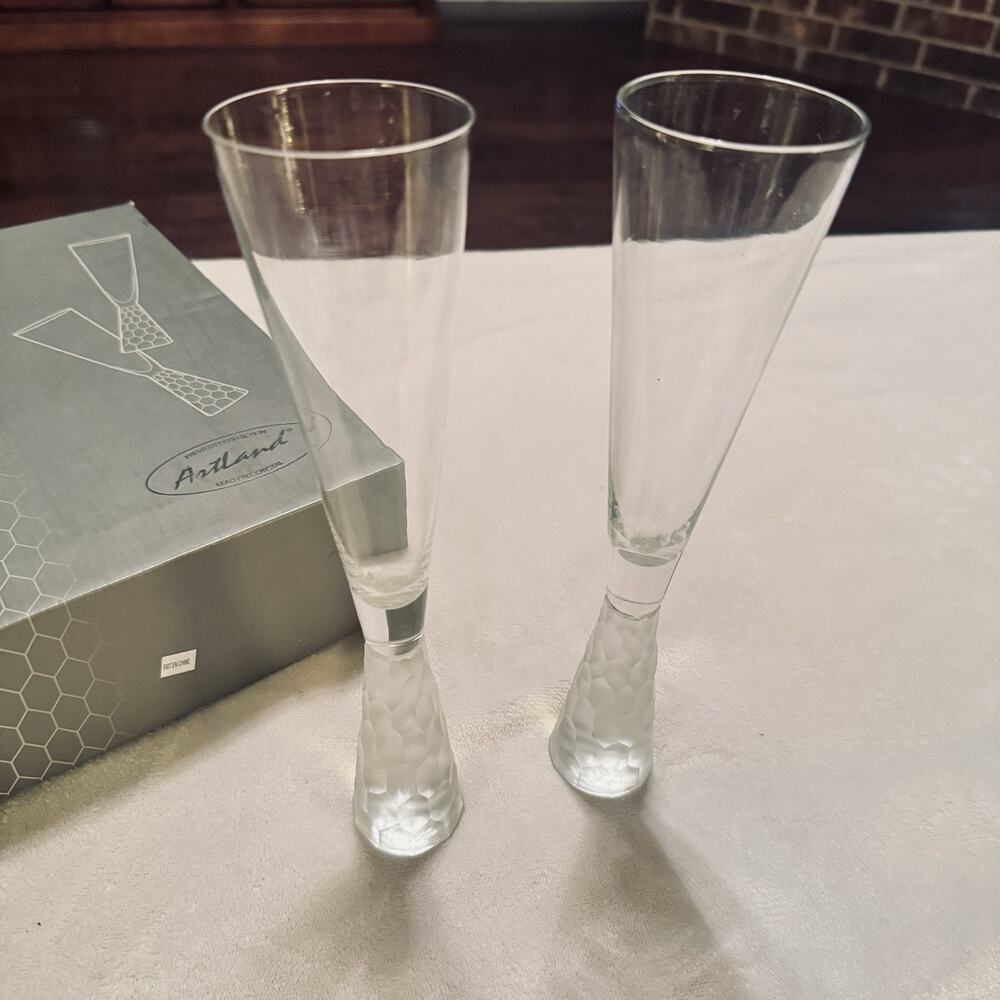 2 Artland PRESCOTT Hand Blown Champagne Flutes Crystal Clear in box